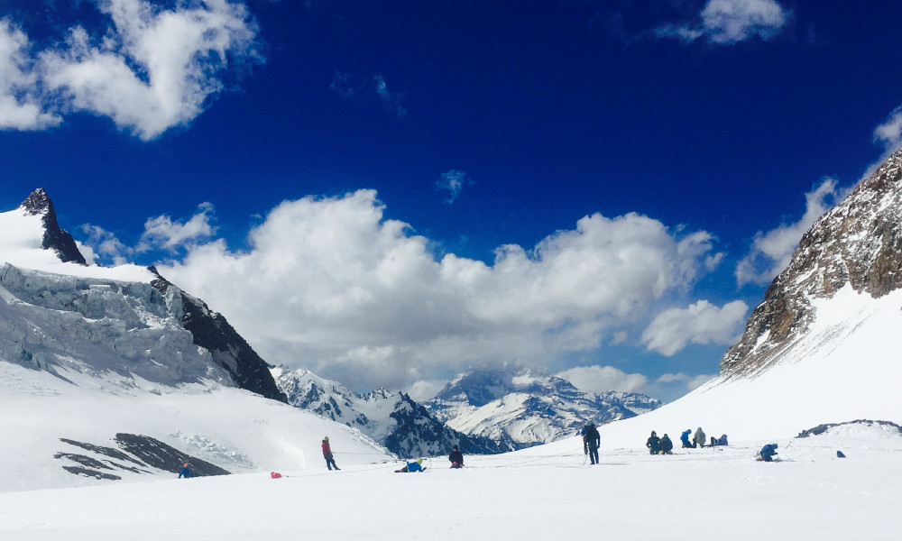 Crevasse rescue practice at the toe of the glacier